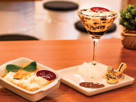 Tortei ragu a bolonhesa, acompanhado de Zabaione de abacaxi ao vinho